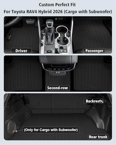 Floor Mats Custom for Toyota RAV4 Hybrid 2026 (Only for Cargo Area with Subwoofer) (Not for Phev) Trunk Mat with Backrest Mat All Weather TPE Full Set Cargo Liners for RAV-4 2026 Accessories, Black - size: For RAV4 Hybrid 2026