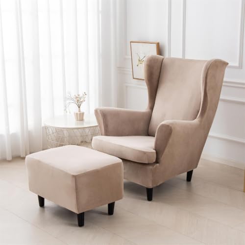 NILUOH Thick Velvet Wingback Chair Slipcovers 2-Piece, Stretch Wing Chair Covers Soft Sofa Slipcover Wing Back Armchair Cover Furniture Protector for Living Room - color: Khaki