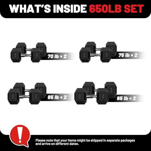 Hex Dumbbell Set 60-650lb, Weights Set Rubber Encased, Home Gym | PAPABABE Complete & Durable Cast Iron Core Odorless PVC Antiroll Hex Shape Ergonomic Chrome Handle Versatile Home Gym - size: 650 lb Set (Pair of 70, 75, 85, 95), style: Chrome Grip