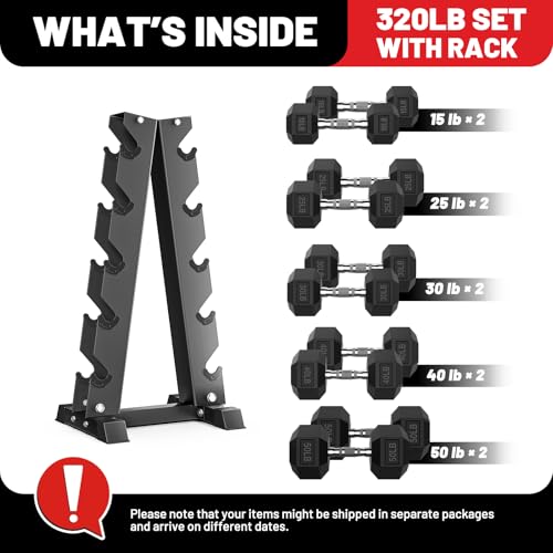 Hex Dumbbell Sets with Rack, 85-560lb Dumbbell Weight Set & Storage Rack | PAPABABE Dumbbell Set with Stand, Rubber Dumbbell Weight Set, Multiple Options Hand Weight for Strength Training - size: 320lb (15, 25, 30, 40, 50lb)x2& Rack