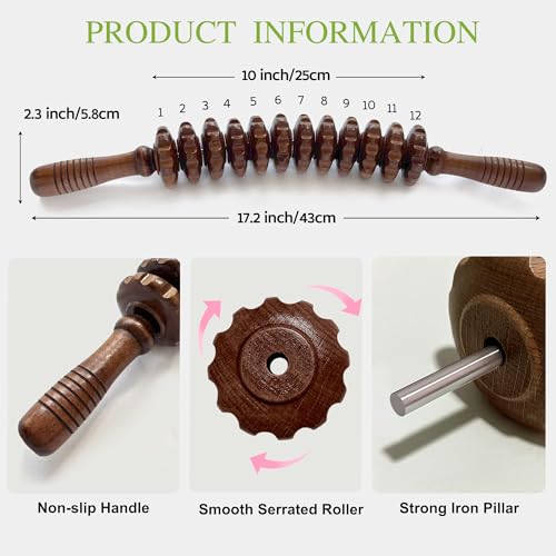 Wooden Curved Handheld Roller Stick Massager - 12 Rollers Wood Therapy Tool for Trigger Point, Fascia & Cellulite Reduction, Lymphatic Drainage, Muscle Tension Relief & Body Shaping (Brown) - color: Brown Curved-12 Rollers