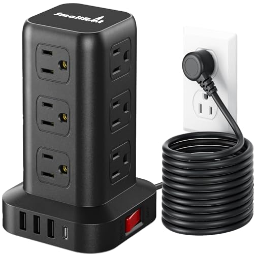 Extension Cord with Multiple Outlets, SMALLRT Power Strip Tower with USB Ports 12 AC Outlets, PD 20W USB C, 15FT Outlet Extender for Home Dorm, Office Supplies, Overload Protection - color: Black, size: 15 Ft without wireless charging 20W