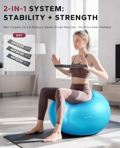 HAPBEAR Exercise Ball- Anti-Burst Slip-Resistant Yoga/Pilates Ball for Core Training & Posture Improvement, Home Gym/Rehab/Pregnancy Ball, Quick Pump & 3 Resistance Bands Included - color: Sky Blue, size: XL (27-30IN / 68-75cm)