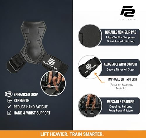 Fit Active Sports Soft Deadlift Grips for Weightlifting, Powerlifting, Deadlifts, Rows & Pull Ups – Neoprene Padded Wrist Wraps with Non-Slip Grip Support for Men & Women - size: Large