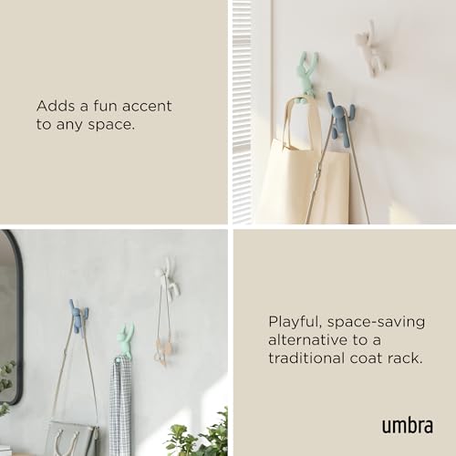 Umbra Buddy Wall Hooks, Wall Mount Coat Hooks, Set of 3, White/Mint/Blue | Easy install with hardware, holds 5lbs per hook, entryway bedroom bathroom dorm, playful hanging storage, recycled plastic - color: White/Mint/Blue