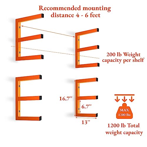 MOOMSINE Lumber Storage Rack Wall Mounted, 6-Level Holds Up 1200 Lbs Heavy Duty Wood Organizer, Metal Shelf for Shed, Workshop, Garage - 4pack, Orange - color: Orange - 4 Pack