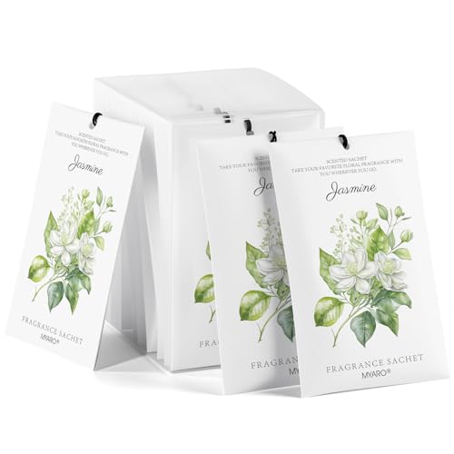 MYARO 12 Pack Jasmine Scented Sachets for Drawer, Closet & Small Spaces Air Freshener Bags, Odor Eliminator for Car, Shoes, Bathroom Home Fragrance Gift Set - color: Jasmine
