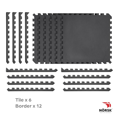 Norsk Dual-Sided Reversible 1/2" Foam Exercise Mats for Home Gym - Interlocking EVA Foam Tiles - color: Gray/Black, size: 18 Tiles - 72 Sq. Ft.