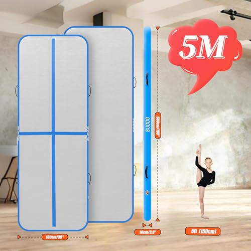 SUDOO Gymnastics Air Mat 10ft/13ft/16ft Inflatable Air Tumble Track Mat 4" Thick Tumbling Mat With Pump or No Pump for Training Tumble Yoga Cheerleading Parkour Beach Water Activities Home Use - color: Blue, size: 16ft*3.3ft*4in (5*1*0.1m)