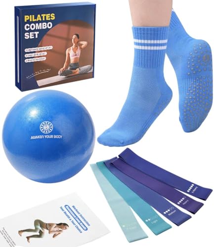 floconssy Pilates Ball Resistance Bands Grip Socks Barre Sets, Loop Exercise Bands 5 Levels, Small Yoga Ball 9 Inch, Non Slip Socks Workout Kit at Home - color: Blue