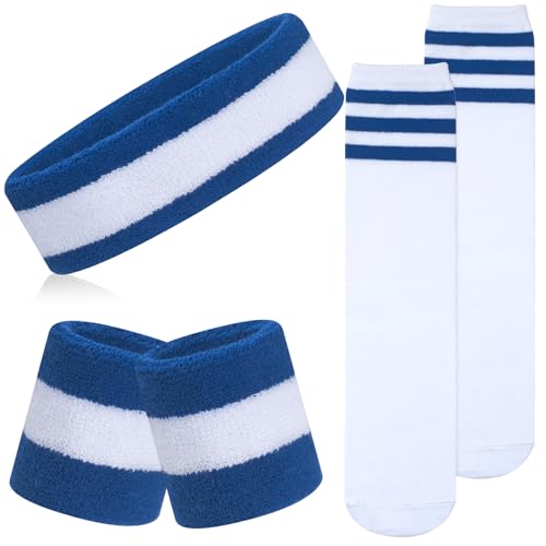 ONUPGO 5 Pieces Kids Sweatbands Soccer Socks Set - Sports Headband, Wristbands, Striped High Socks for Kids, Youth,Toddler & Baby - Football, Basketball, Running, Cycling, Tennis - color: Striped White/Blue