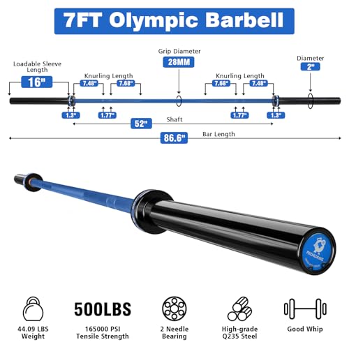 7ft Olympic Barbell 28mm 45lb – 500/700/1000LB Bar for Home Gym | Ceramic coated steel. Smooth spinning sleeves. Fits 2" plates. For snatch, clean and jerk, squats, deadlifts, bench press. - color: Blue-500LBS