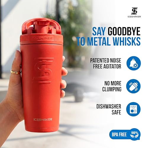 Ice Shaker Insulated Stainless Steel Shaker Bottle | 26oz, Red Color Rush | Cold for 30+ Hours | Insulated Cup with Twist-on Agitator | Odor-Free Bottle for Protein Shakes, Water, Smoothies, Cocktails - color: Red Color Rush