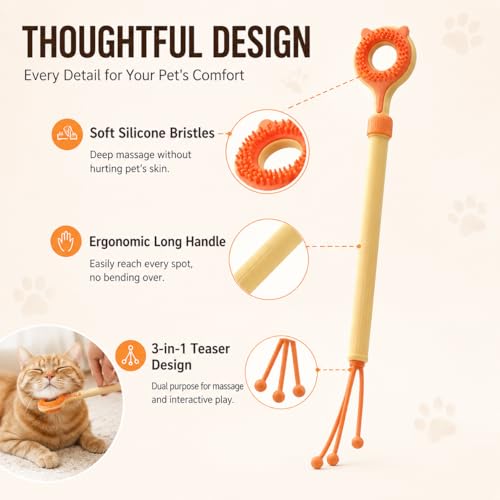 3-in-1 Cat Scratcher & Massage Stick with Teaser Tassel, Dual-Sided Grooming Brush, Handheld Tool for Loose Fur, Indoor Cats