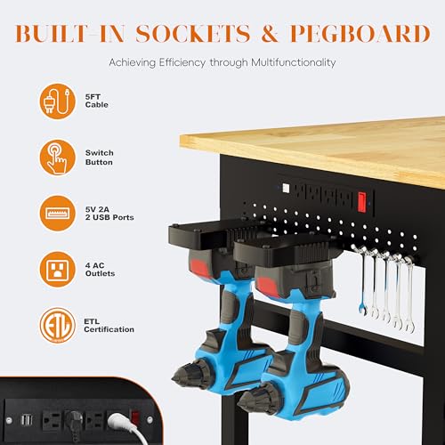 Betterhood 60" Heavy Duty Adjustable Workbench with Large Pegboard & LED Light, Adjustable Work Table with Power Outlets & Lockable Wheels, Rubber Wood Workstation for Garage, Workshop, Office, Home - size: Large Pegboard/Power Outlets/Drawer/Light/60"x22