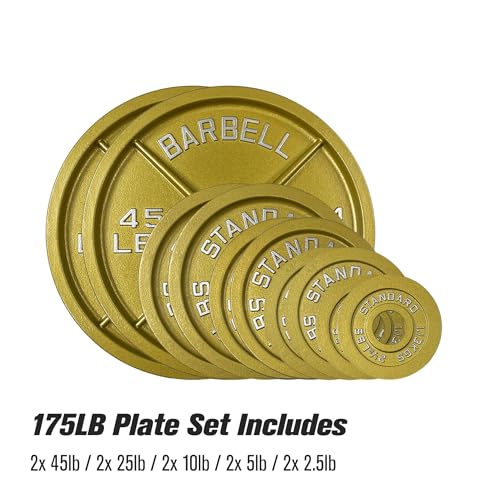 Gold Finish Olympic Steel Plates - Pairs and Sets 2 Inch Barbell Standard in Premium Gold for Weight Lifting - color: 175lb Set