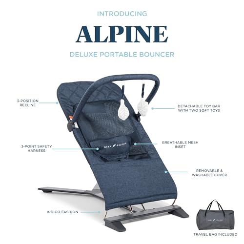 Baby Delight Alpine Deluxe Portable Bouncer, Infant, 0 – 6 Months, Quilted Indigo - color: Quilted Indigo