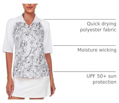 Cucuchy Womens Golf Shirt Half Sleeve Quarter Zip Polo Tennis Shirts Workout Tops - color: A-marble White, size: Medium