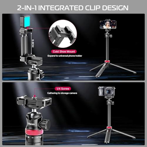 ULANZI MT-44 Auto Open Phone Tripod, 59" Extendable Selfie Stick Vlog Stand with 2 in 1 Phone Clip, 360° Ball Head Camera Tripod for iPhone Sony DJI Osmo Pocket 4 Nano Luna, Lightweight for Travel - color: BLACK