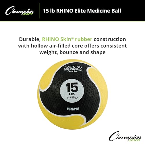 Champion Sports Rhino Elite Medicine Ball – Textured Surface, Superior Grip, Hollow Synthetic Rubber for Consistent Bounce & Durability, Multiple Weights & Colors - Optional Rebounder Sold Separately - style: 15 Pounds - Yellow