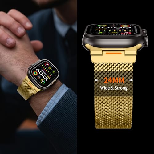 Milanese Loop Compatible with Apple Watch Ultra 3/2/1 Band 49mm 46mm 45mm 44mm 42mm, Magnetic Stainless Steel Strap Bands for iWatch Ultra SE 3/2/1 Series 11 10 9 8 7 6 5 4 3 2 1 Men, Gold - color: Gold