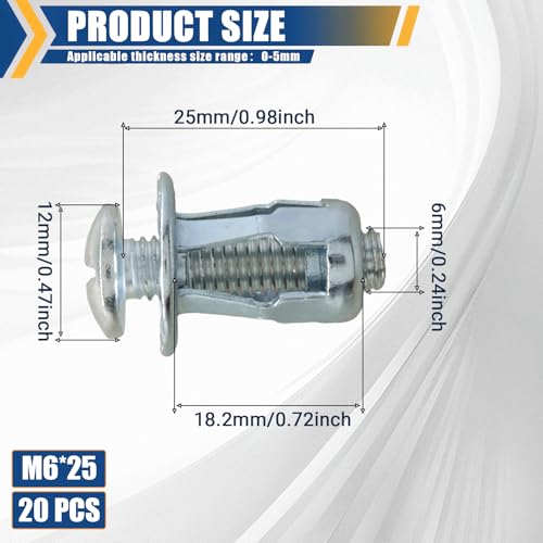 M6 x 25 Hollow Door Anchor Set, 20 Pack | Metal Cavity Fixing, Aluminium Cladding, Extra Short Wall Anchors for Steel Pipe Iron Sheet Plastic Sheet - size: 20 Pack M6 x 25