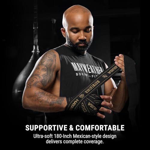 Hayabusa Mayweather Stretch Hand Wraps for Men and Women, 180 inches - color: Black/Gold