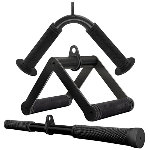 Double D Row Handle Cable Attachment for Weight Workout, Steel with Non-Slip Rubber Grip (Black) - color: Black Three-piece Set