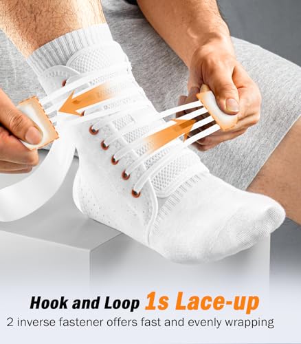 Slim-Fit Ankle Brace for Sprained Ankle, Quick Lace Up Ankle Support for Women Men with 2 Auto-Shaped Pads, Air Fabric Cool Ankle Stabilizer for Injury Recover, Running,Sports,White，XL - color: White/Orange, size: XL(Ankle size:14"-15")