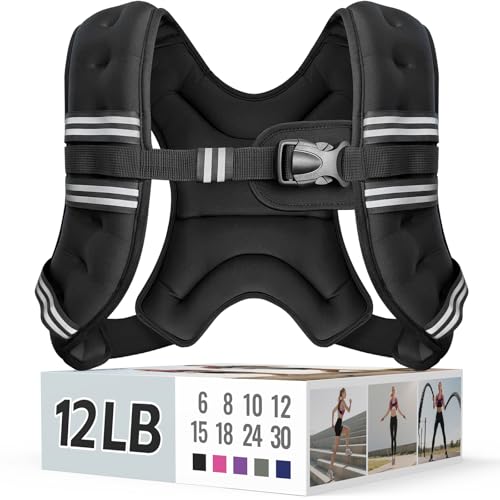Zeerun Weighted Vest, 6lb/8lb/10lb/12lb/15lb/18lb/20lb/24lb/30lb for Men Women, Reflective Stripe Adjustable Buckle, Comfortable Durable Rucking Vest for Walking Running Strength Training - color: Black, size: 12 Lb