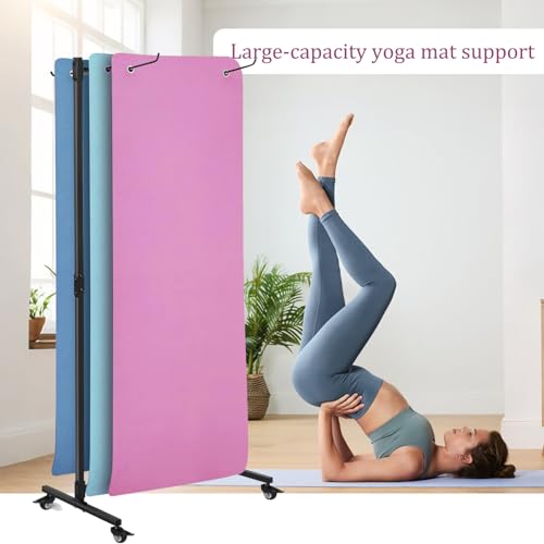Yoga Mat Holder Hanging, Metal Double Sided Yoga Mats Storage Cart on Wheels, Floor Standing Pilates Mat Rack for Home Gym, Exercise, Yoga Studio, with Punching Tool(Black)