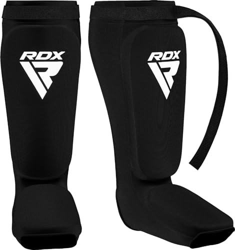 RDX Shin Guards Kickboxing Muay Thai, SATRA Approved, MMA Leg Instep Protection Pads, Sparring Training Martial Arts Boxing, Elasticated Padded Protector, Karate BJJ Taekwondo Gear, Men Women - color: Black, size: Small