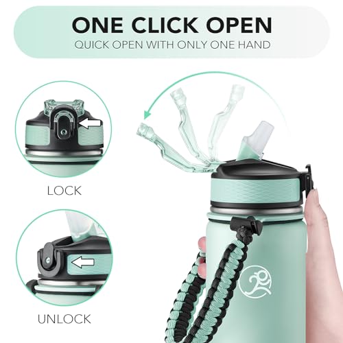GOSWAG 24oz Insulated Stainless Steel Travel Water Bottle, 2 Lids | with straw and no straw, Paracord handle, Double-wall vacuum keeps drinks cold or hot, Leakproof tumbler - color: Matte Mint
