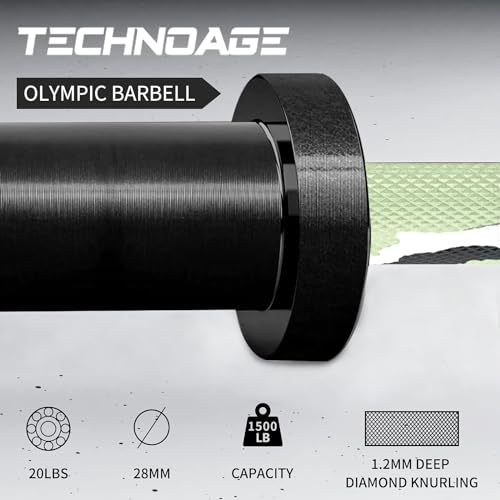 TECHNOAGE 7ft Olympic Barbell 45LB – 1500LB Capacity Weightlifting Bar with Needle Bearings & 28mm Knurled Grip, Powerlifting Strength Bar for Squat Bench Deadlift, Home Gym Olympic Weight Bar - color: Green-1500LB MAX