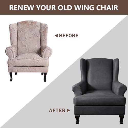 ANARACHON Leather Look Wingback Chair Covers, 2-Piece Wing Chair slipcover,Stretch Wing Back Armchair Slipcovers with Elastic Bottom, Soft Spandex Furniture Protector for Living Room(Cement Grey) - color: Cement Grey