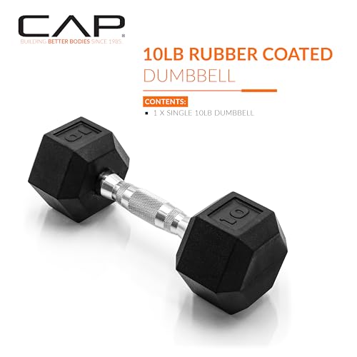 CAP Rubber Coated Dumbbell Weights, Free Weights for Home Gym Strength Training, Anti-Roll Hex Dumbbells with Black, Chrome & Comfort Grip Handles, Singles - size: 10 lb, style: Chrome Handle