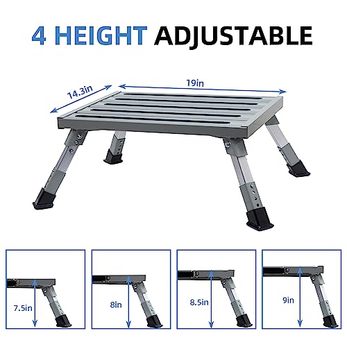 Homeon Wheels Large RV Step Stool, Adjustable Height Aluminum Folding Step Ladder with Non-Slip Rubber Feet, Heavy-Duty Design, Safety Platform for RV, Trailer, Truck, Outdoor Use, 19" x 14.3" - color: Silver