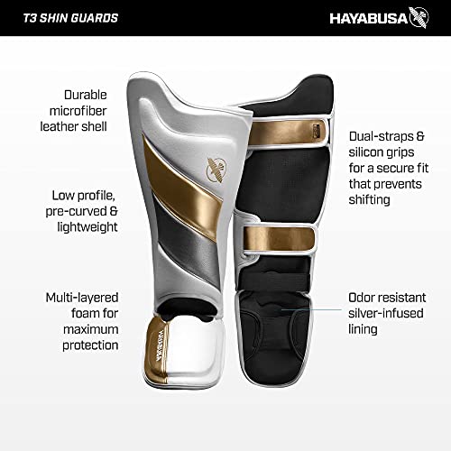 Hayabusa T3 Striking Shinguards - Men and Women | MMA Protection, Muay Thai Kickboxing, Sparring Pads, Martial Arts Gear, Adjustable Straps, Impact Padding, Elastic Fit - color: White/Gold, size: Small