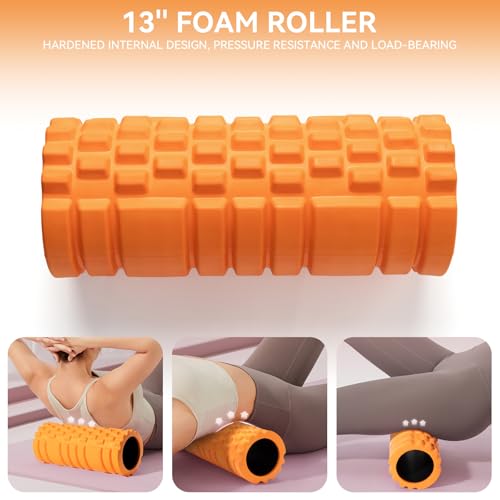 Krightlink 5 in 1 Foam Roller Set for Deep Tissue Muscle Massage, Trigger Point Fitness Exercise Foam Roller, Massage Roller, Massage Ball, Stretching Strap, for Whole Body (Orange Black) - color: Orange Black