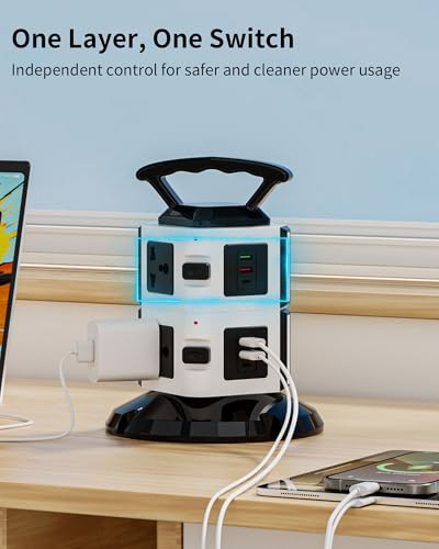 Power Strip Tower with 6 Outlets, 4 USB-A & 2 USB-C Ports, 1875W/15A Heavy Duty Charging Station for Multiple Devices, Plug Tower with 6ft Extension Cord, for Home, Office, Dorm - size: 2-Tier