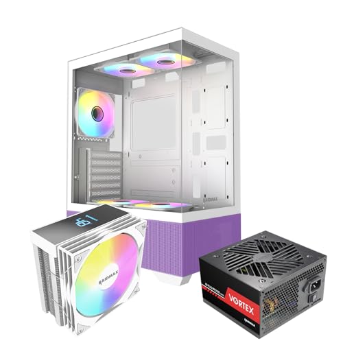 Raidmax i802 Vibe Series ATX Mid Tower Gaming Case Bundle – Tempered Glass Side Panel, Includes 700W 80+ Power Supply, AM1204 Digital Display Air Cooler, and 5 Pre-Installed FRGB Fans (Purple) - color: Purple