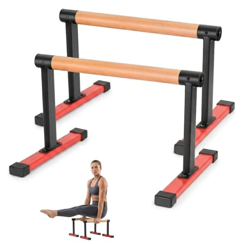 Wooden Parallel Bars 20" Length 12" Height,Dip Bar with Thick Beech Handles, Push-up stands for Handstand, L-Sit, Gymnastics, Strength Training Home Gym,Anti-slip Mats, Easy to Install,700lbs - color: Red