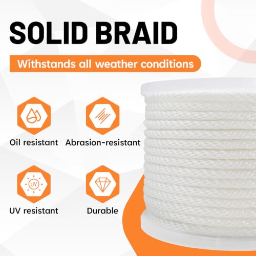 SDHUATUO 3/8 Inch Nylon Solid Braided Rope, 250FT Polyester Cord White | 2420 lbs, UV Resistant & Wearproof, Soft Flexible Rope for Swings, Camping Tent, Flagpole, Outdoor Twine, Dog Leashes - color: White, size: 3/8''-250ft
