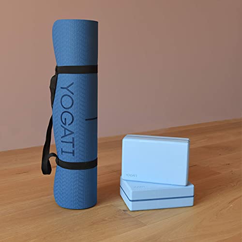 YOGATI® Yoga Mat with Strap with Alignment Lines. Home Workout Mat for Women, Men and Kids. Thick Non Slip Yoga Mat for Pilates and Fitness. Brown, Pink and Purple Yoga Mats - color: Blue