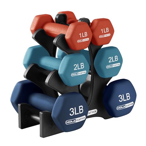 HolaHatha 1, 2 and 3 lb Neoprene Dumbbell Strength Training Weight Set with Rack - color: Blue/Red, size: 12 LB