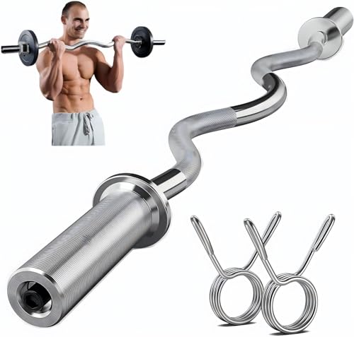 47" Olympic EZ Curl Bar for 2-inch Plates - Ez Bar - Ez Barbell Curl Bar for Weight Lifting Bicep,Hip Thrusts,Squat, with 2 Spring Collars