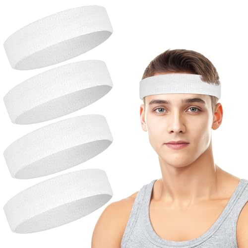 4 Pack Cotton Terry Sweat Headbands for Men Women Running Gym | 4 pack soft cotton terry headbands, Stretch 7 to 15 inches, Sweat-wicking, stays put for running, tennis, basketball & yoga - color: White