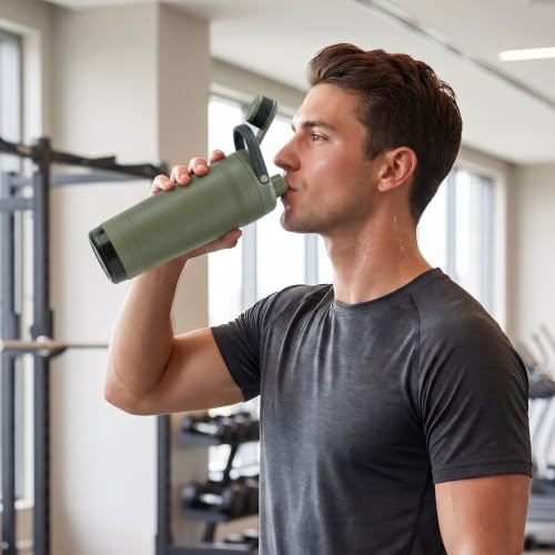 Fijinhom 24 oz Insulated Shaker Bottle with Portable Powder Container. | Leak-Proof Protein Shaker Bottle, 304 Stainless Steel Insulated Water Bottle with Removable Mixer, Measurement Marks, Green - color: Green
