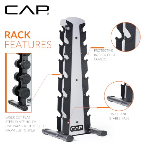 CAP Rubber Coated Hex Dumbbell Set with Storage Rack | 100–210 lb Options, Space-Saving Vertical Compact Storage for Home Gym Strength Training - size: 210 lb - Set - Silver Rack, style: 12-Sided Black Handle