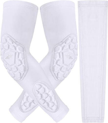 Compression Padded Arm Sleeves for Youth & Adults - Elbow & Forearm Support - Breathable Football Padded Sleeves - color: White, size: Adult Small